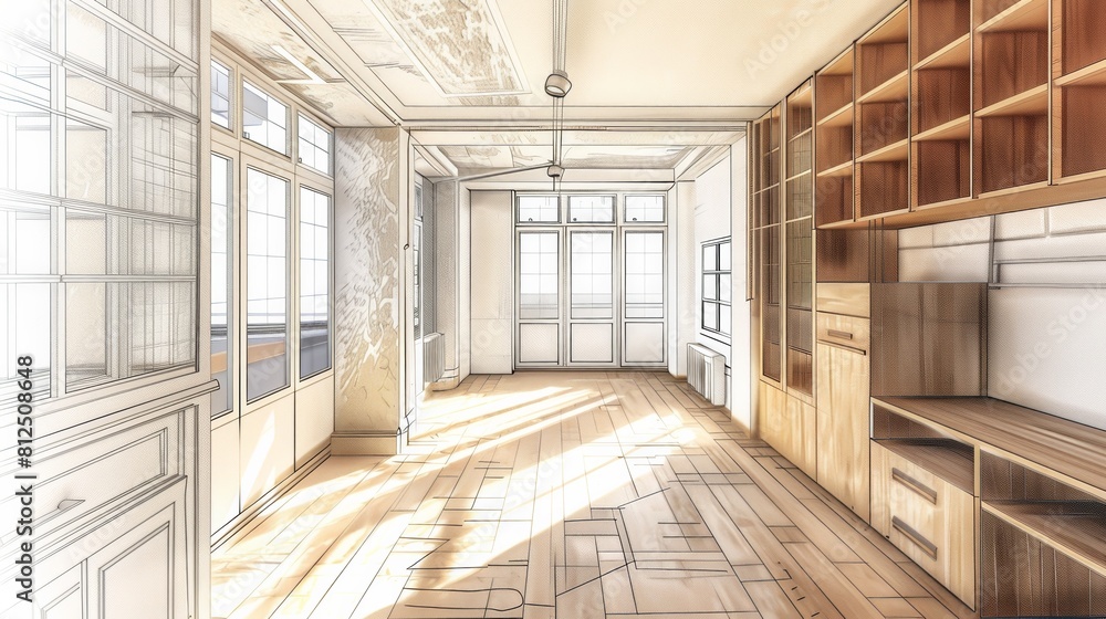 Poster a stunning drawing of a hallway filled with intricate bookshelves and shelves displaying a vast arra