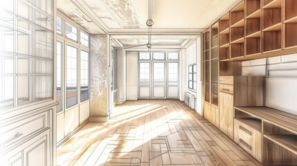 A stunning drawing of a hallway filled with intricate bookshelves and shelves displaying a vast array of literature and collectibles. Generative AI