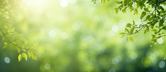 Green nature abstract background with sunlight filtering through trees and bokeh effect Perfect to use as a copy space image