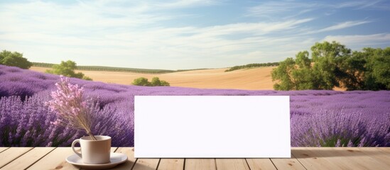 A summertime scene in Provence showcases vibrant lavender fields accompanied by a blank note resting on a wooden background. Creative banner. Copyspace image