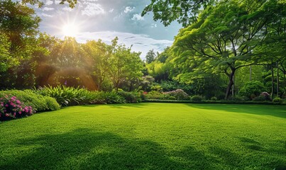 A beautifully manicured green garden, bathed in sunlight with trees and flowers under a clear blue sky
