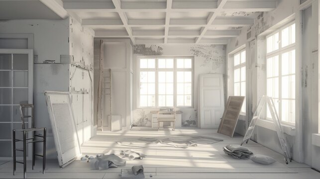 An empty room with white walls and furniture, waiting to be transformed into a personalized space with creativity and design. Generative AI