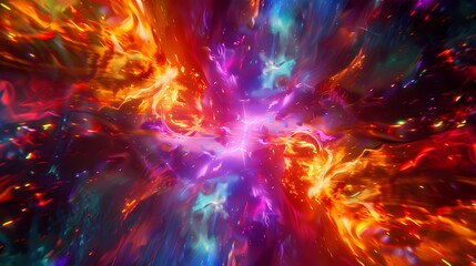 A kaleidoscope of colors erupting into a brilliant explosion of power, filling the frame with a mesmerizing display of energy and light