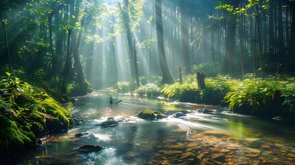 An enchanting forest glade illuminated by shafts of sunlight, with a crystal-clear stream running...