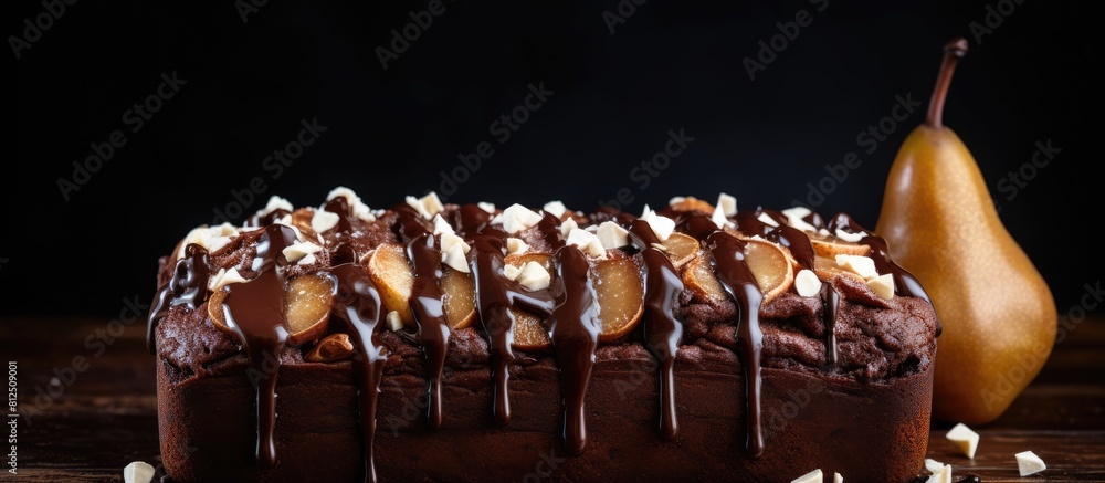 Poster A tempting and visually appealing image of a chocolate pear cake with ample copy space for adding text or other elements