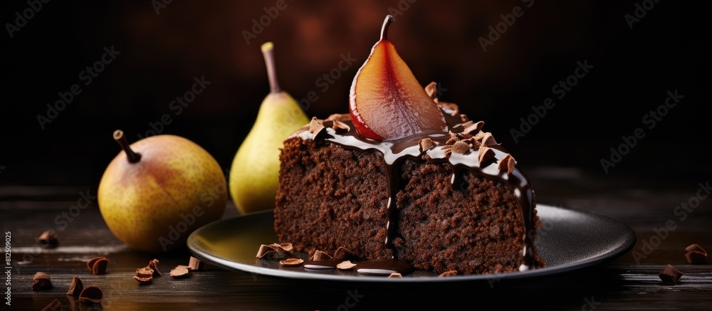 Poster A tempting and visually appealing image of a chocolate pear cake with ample copy space for adding text or other elements