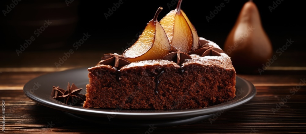 Poster A tempting and visually appealing image of a chocolate pear cake with ample copy space for adding text or other elements