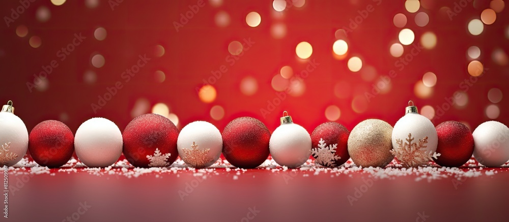 Poster a red textured background displays white and dark red christmas balls creating a visually appealing 