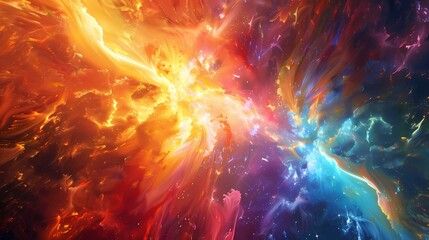 A kaleidoscope of colors erupting into a brilliant explosion of power, filling the frame with a mesmerizing display of energy and light