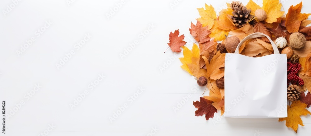 Poster Autumn themed arrangement featuring a paper bag filled with dried yellow leaves against a white wooden surface Captured from a top down perspective this flat lay image offers ample whitespace for cre