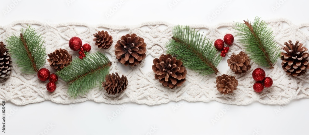 Aufkleber a festive christmas themed arrangement featuring a knitted blanket pine cones and fir branches on a 