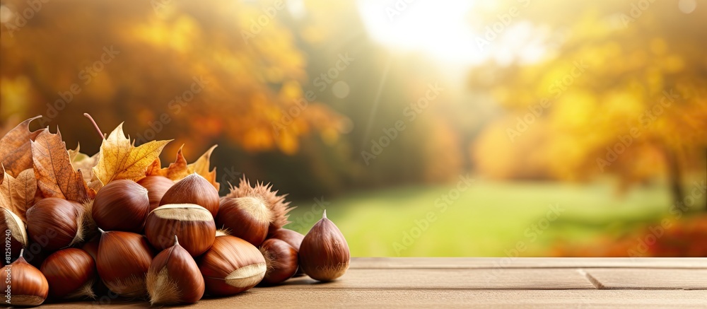 Poster Autumn themed food background with a close up of sweet raw chestnuts arranged on a cutting board creating a copy space image