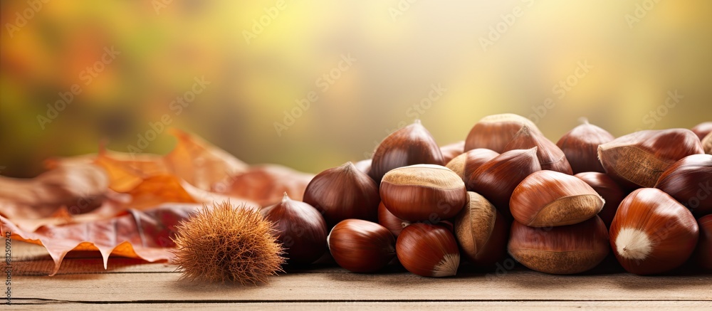 Poster Autumn themed food background with a close up of sweet raw chestnuts arranged on a cutting board creating a copy space image