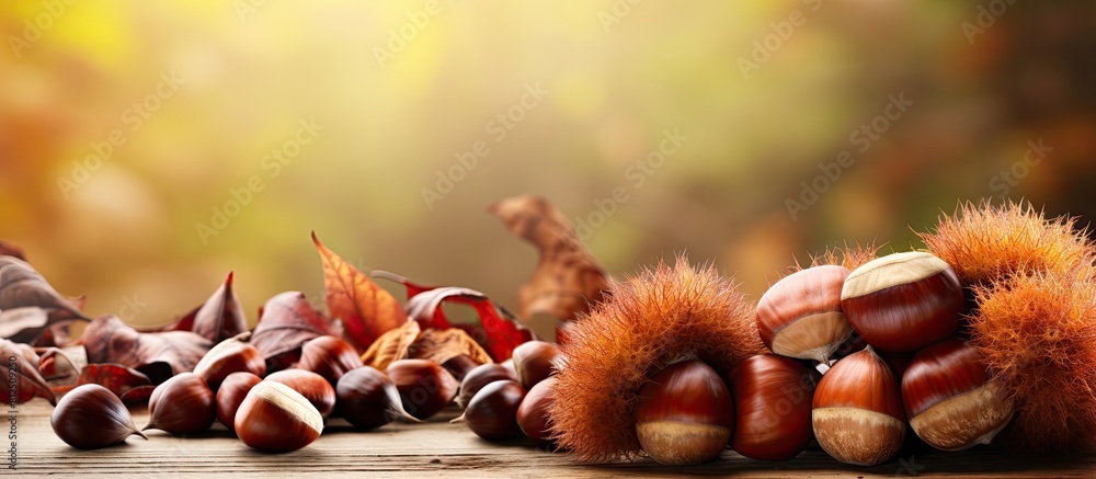 Aufkleber Autumn themed food background with a close up of sweet raw chestnuts arranged on a cutting board creating a copy space image
