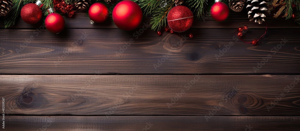 Poster a christmas themed wooden board displays a festive arrangement of fir tree branches a red christmas 