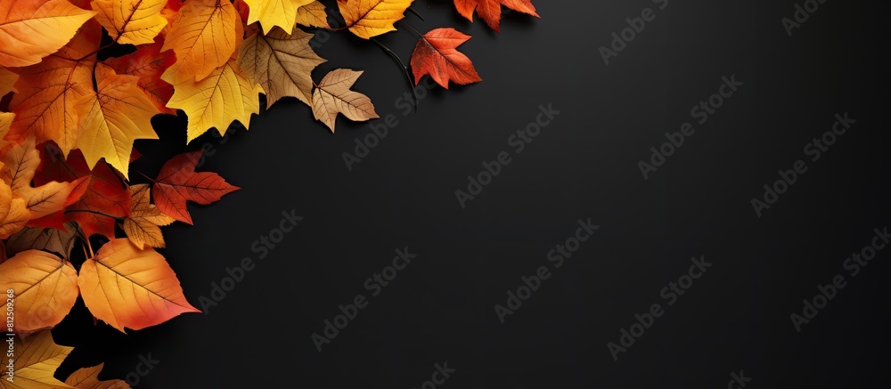 Poster a fall themed design template featuring bright yellow and orange autumn leaves against a black backd