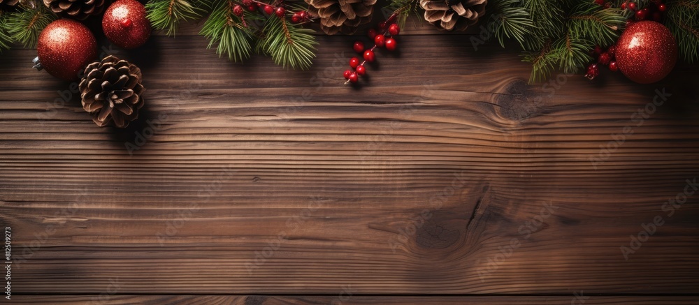 Poster a christmas themed wooden board displays a festive arrangement of fir tree branches a red christmas 