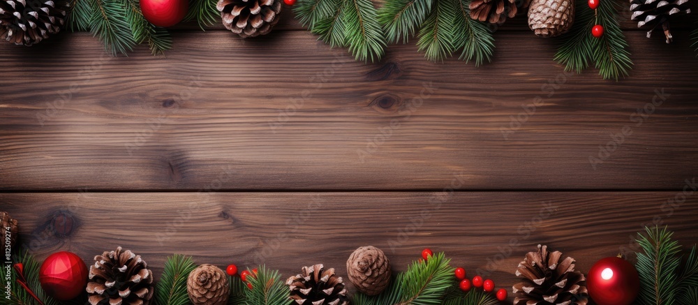 Poster a christmas themed wooden board displays a festive arrangement of fir tree branches a red christmas 