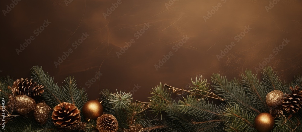 Poster a christmas themed composition featuring fir branches against a brown background with copy space for