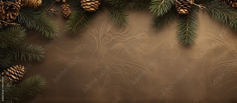 Poster a christmas themed composition featuring fir branches against a brown background with copy space for