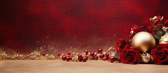 A festive Christmas themed background with a red velvet surface adorned with golden baubles dried roses and ample space for text or images