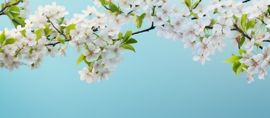 A simple spring themed frame features vibrant apple tree flowers blooming against a blue background perfect for presenting beauty products Ample space is available to add text