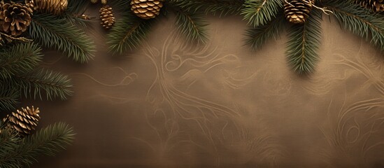 A Christmas themed composition featuring fir branches against a brown background with copy space for adding text or images Perfect for New Year s concepts