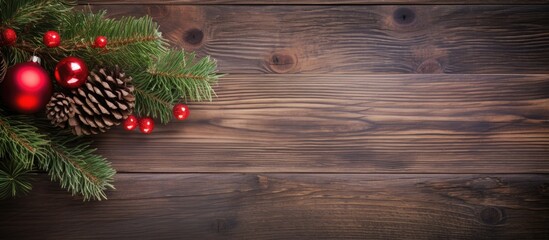 A Christmas themed wooden board displays a festive arrangement of fir tree branches a red Christmas ball and pine cones providing ample copy space for text