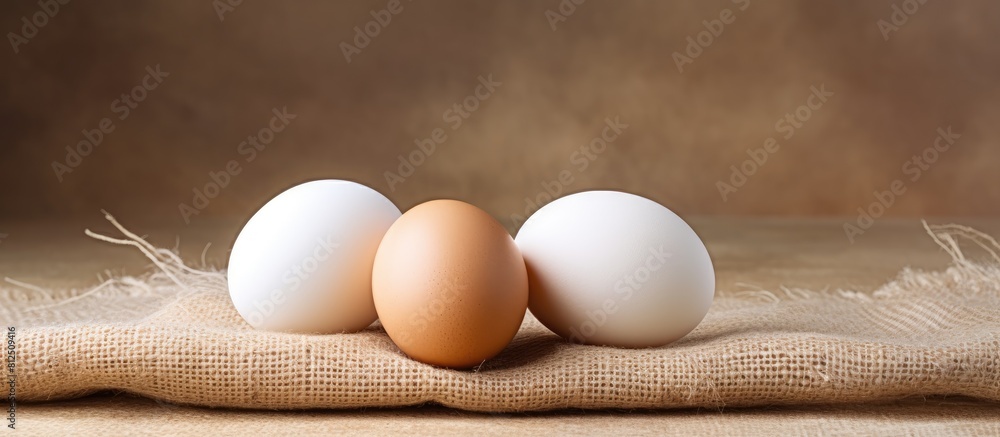Aufkleber Three white eggs arranged on a piece of sacking in a copy space image