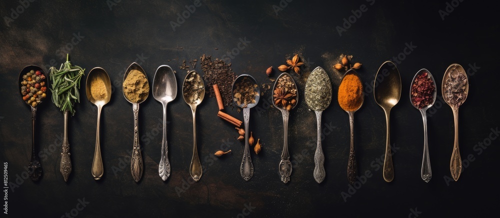 Poster toned copy space image of aged metal spoons arranged with herbs and spices on a dark background