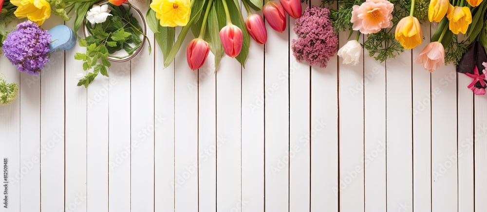 Poster Garden tools and flowers are placed on a white wooden background creating a concept of spring gardening This top view image provides copy space for text