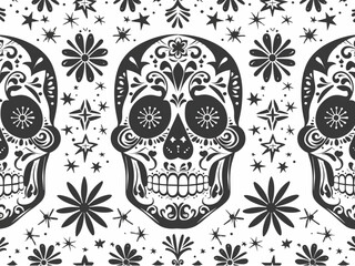 Solo ribbon pattern, black and white vector seamless Mexican folk art illustration of sugar skulls with flowers stars symmetry geometric simple flat style