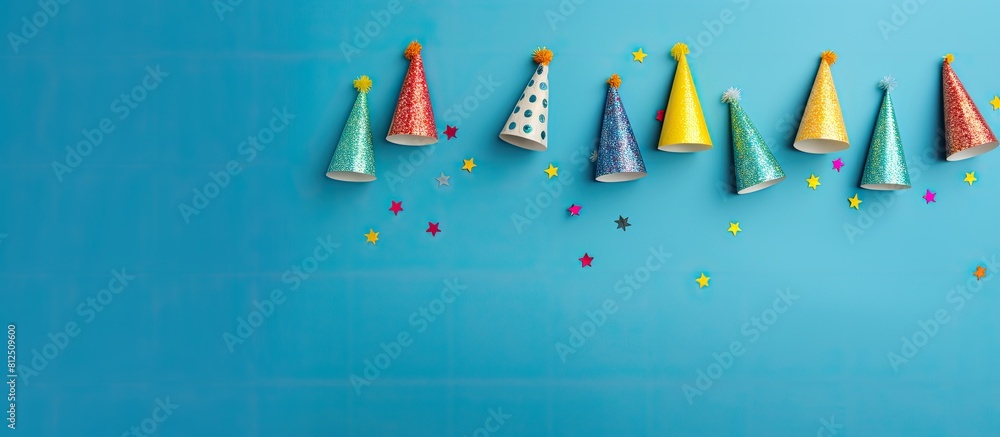 Poster a top down view of colorful birthday caps set against a vibrant blue background with ample copy spac