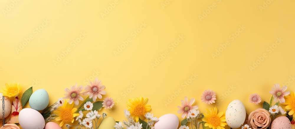 Aufkleber A top down view of Easter themed elements including colorful handmade eggs an egg tray a bunny and flowers on a yellow background The scene is laid out flat and an Easter card with space for text is