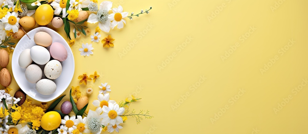 Poster A top down view of Easter themed elements including colorful handmade eggs an egg tray a bunny and flowers on a yellow background The scene is laid out flat and an Easter card with space for text is