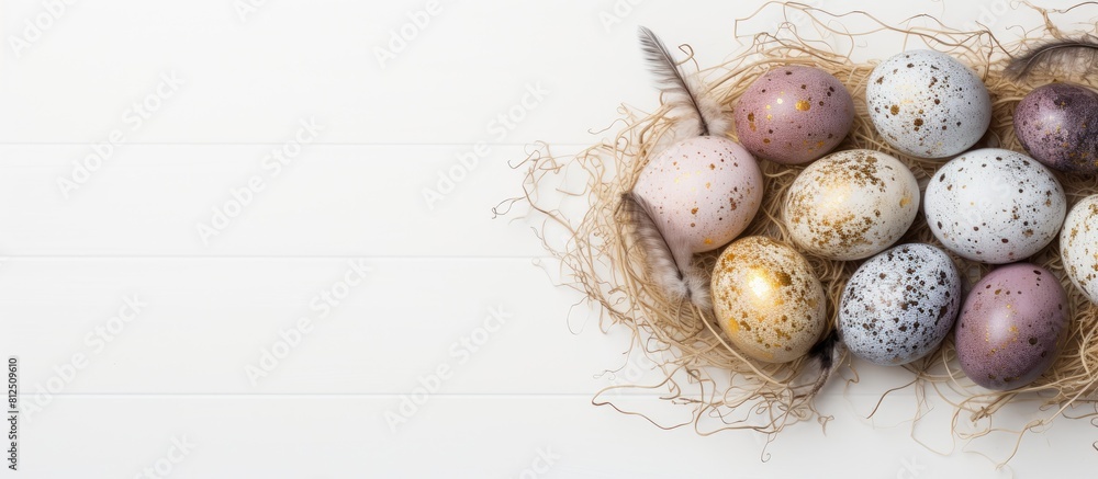 Leinwandbilder a top down view of easter eggs coated in glitter nestled in a branch nest set against a white wooden