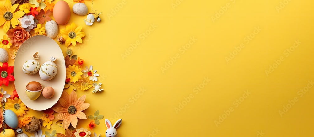 Aufkleber A top down view of Easter themed elements including colorful handmade eggs an egg tray a bunny and flowers on a yellow background The scene is laid out flat and an Easter card with space for text is