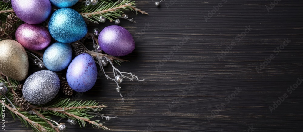 Leinwandbilder a top down view of easter eggs coated in glitter nestled in a branch nest set against a white wooden