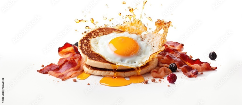 Poster a top down view of a full american breakfast on a white background with plenty of space for addition
