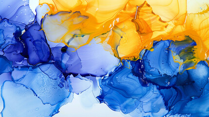 Saffron yellow and cobalt blue abstract alcohol ink painting with rich oil paint textures.