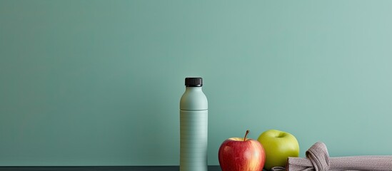 A top down view of a fitness concept featuring a towel water bottle apple measurements and a yoga mat Copy space image - Powered by Adobe