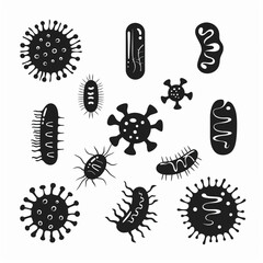 
A set of black vector icons representing bacteria, including basic shapes such as circular and square patterns, arranged in different styles on a white background.