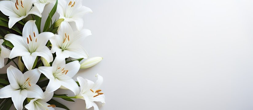 A top down view of a condolence card featuring white lilies with ample blank space for images