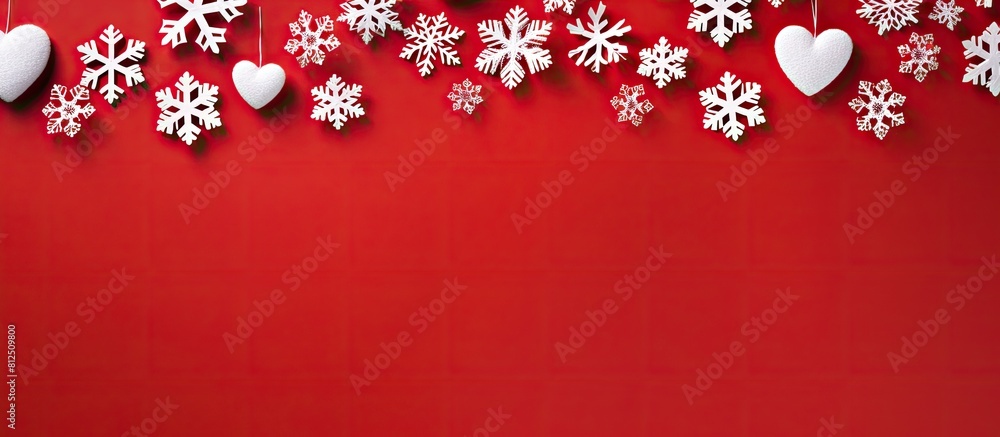 Poster Top view of paper hearts on red background with snowflakes ideal for Valentine s Day The panorama shot is a perfect copy space image
