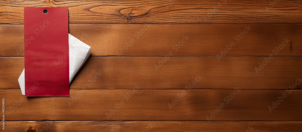 Poster Top down view of a wooden table displaying a paper napkin adorned with a phone number and a lipstick mark Ample space is available for text in this image