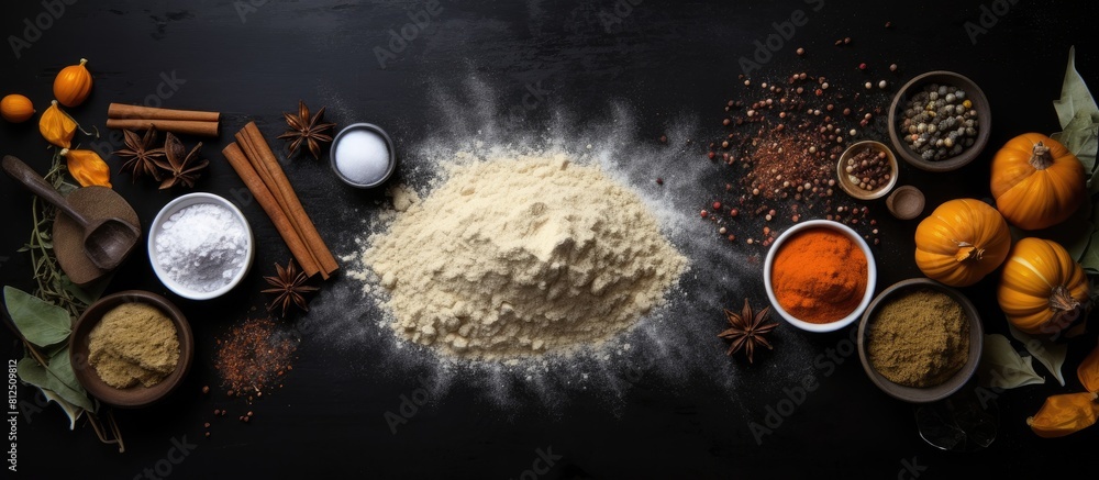 Poster a top down view of a halloween themed baking background on a black backdrop featuring sugar powder b