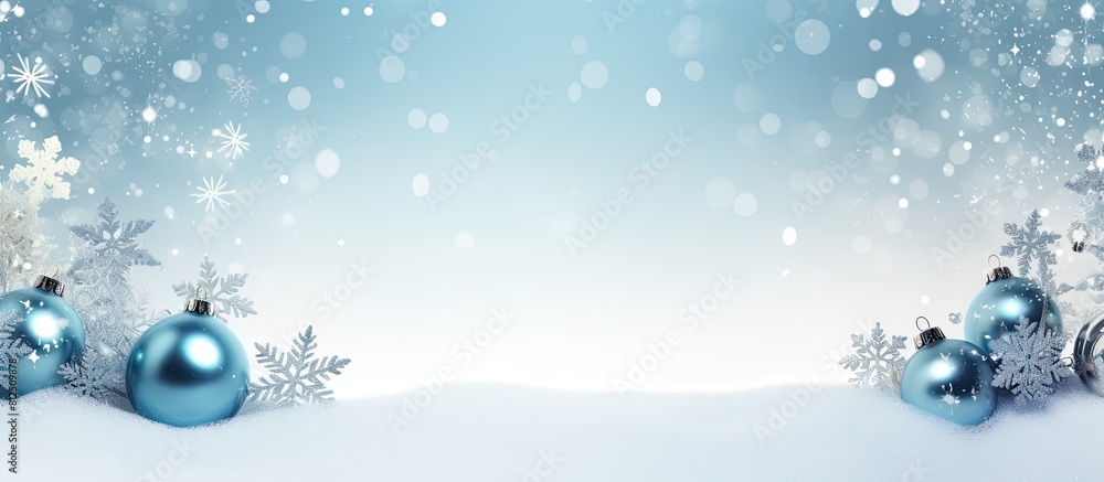 Poster Top view of a snowy background adorned with festive decorations along the side border creating a Christmas background with ample copy space