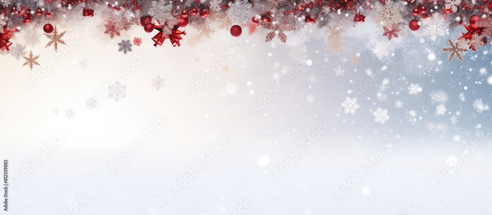 Poster Top view of a snowy background adorned with festive decorations along the side border creating a Christmas background with ample copy space