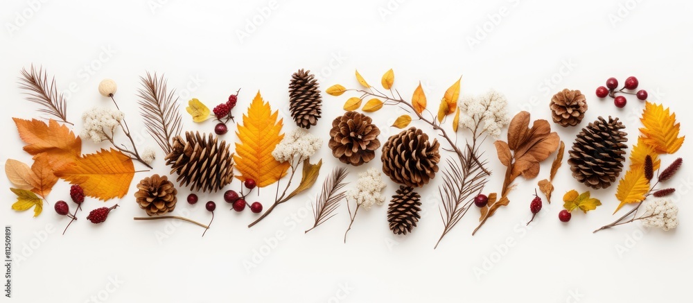 Aufkleber top view of a white background adorned with a fall themed composition the arrangement includes dried