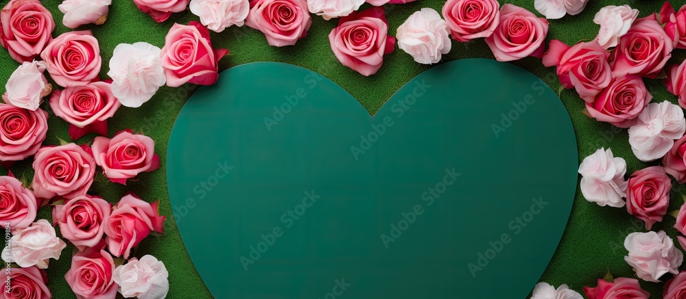 Fototapete Top view of a green background adorned with blooming pink roses featuring an empty white paper sheet and a red heart creating an ideal copy space image